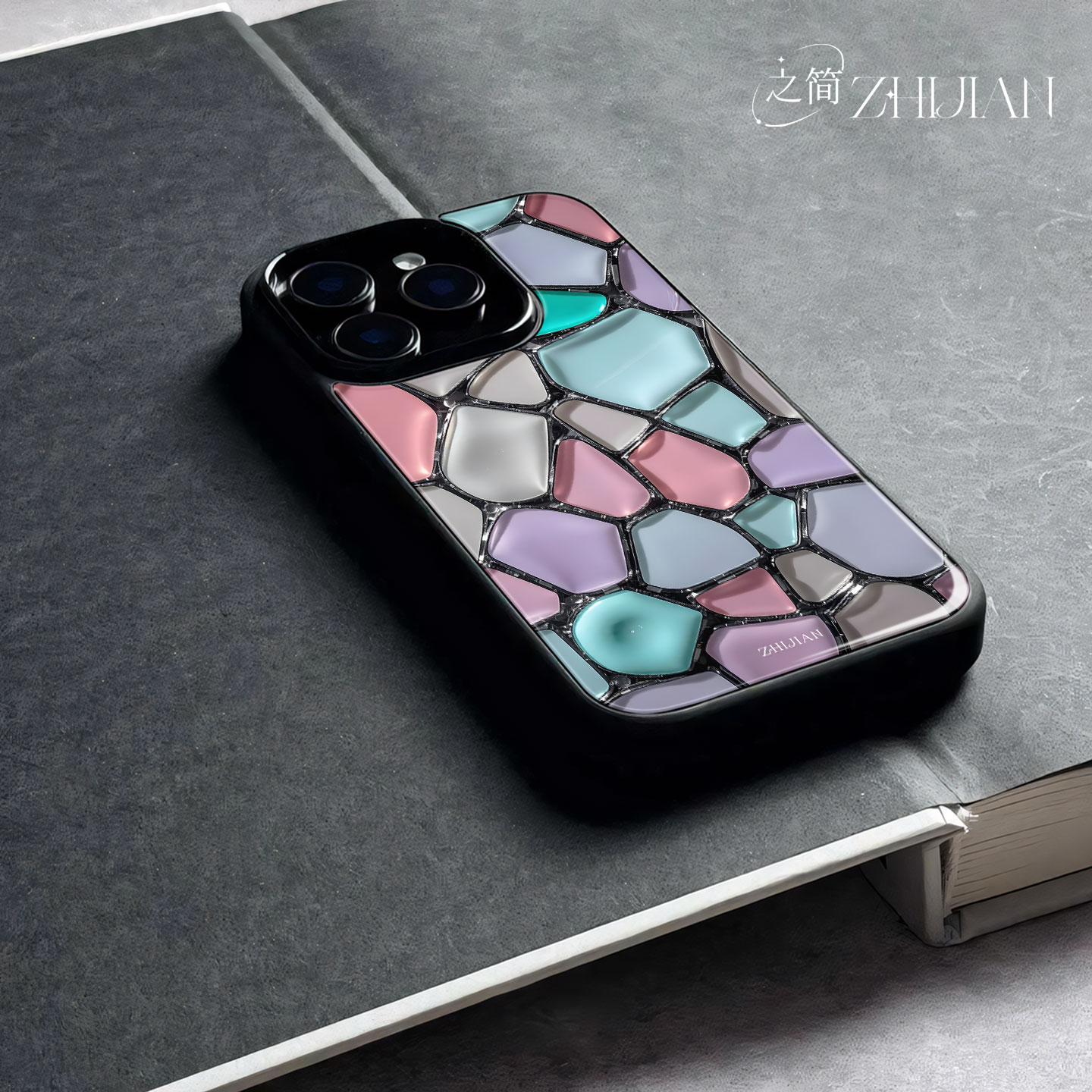 之简ZHIJIAN《彩色镶嵌》玻璃亮面磨砂手机壳新款小众不撞壳适用苹果17promax一加ACE5ProVIVOS20PROMATE40PR