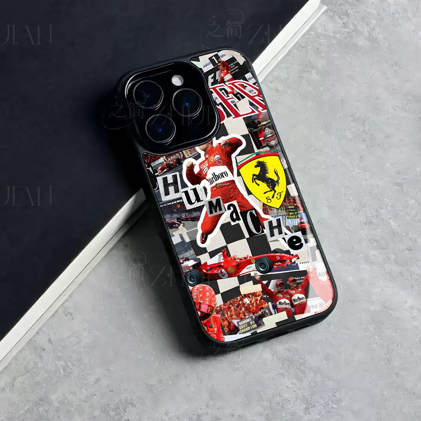 舒马赫法拉利磁吸磨砂黑框电镀玻璃手机壳适用苹果iphone17promax华为VIVOY500PRO红米TURBO3小米17PROMAXVIV