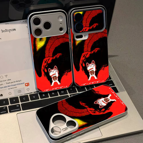 胆大党招财猫磁吸磨砂黑框电镀玻璃手机壳适用苹果iphone17promax华为MATE50PRONOVA7SEOPPORENO14PRO1加ACE3