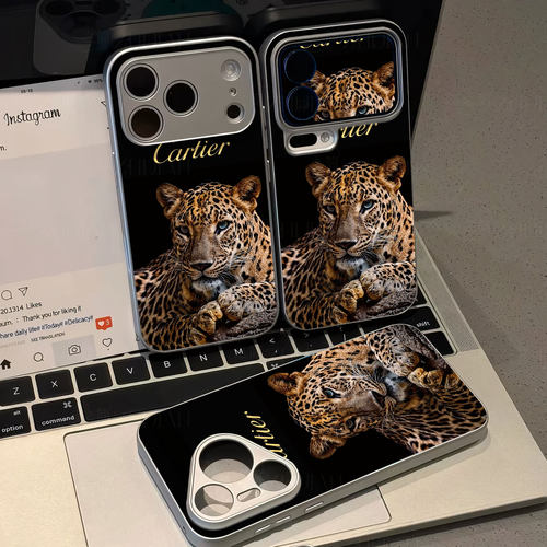 卡地亚猎豹磁吸磨砂黑框电镀玻璃手机壳适用苹果iphone17promax华为红米NOTE15PROPLUSIQOO12PRO荣耀60PROIQO
