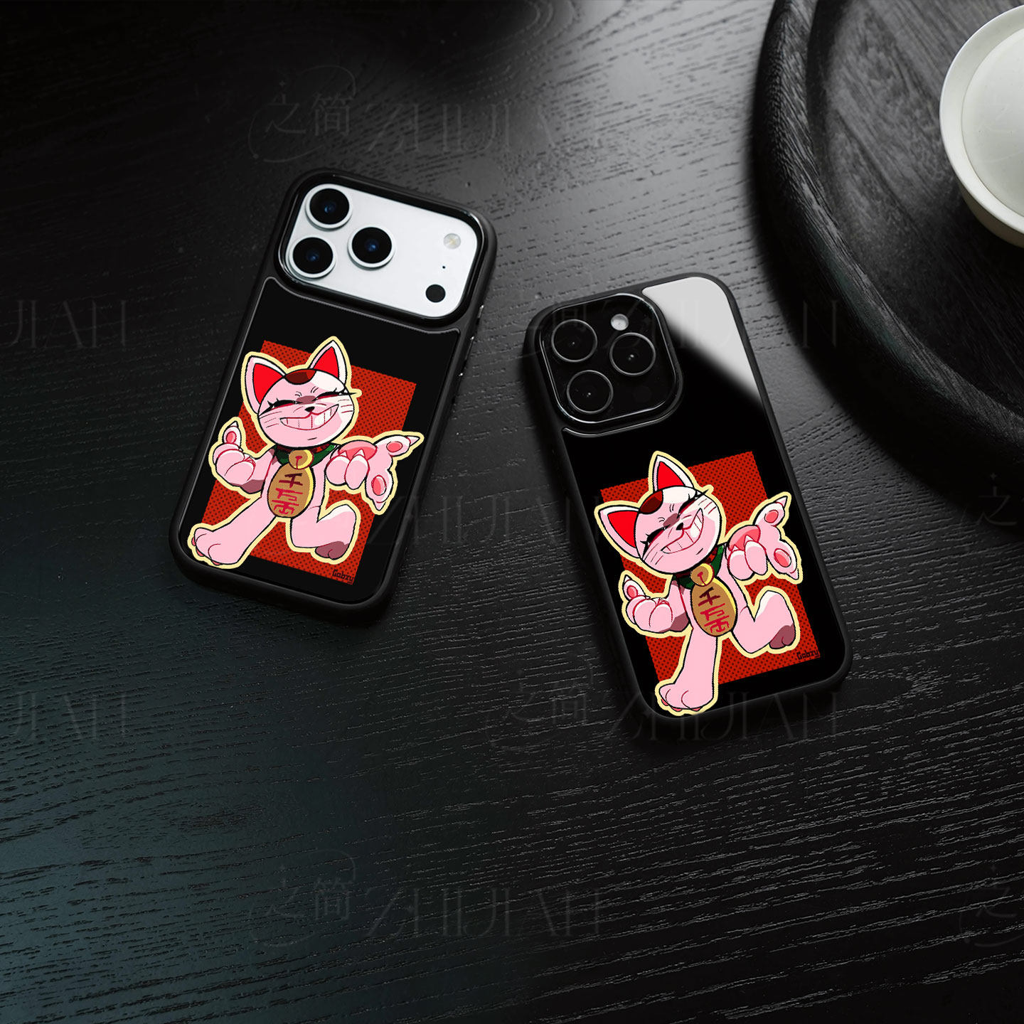 坏笑招财猫磁吸磨砂黑框电镀玻璃手机壳适用苹果iphone17promax华为1加11NOVA14PRONOVA10SE红米K90PROMAX