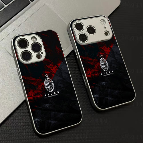 AC米兰队徽磁吸磨砂黑框电镀玻璃手机壳适用苹果iphone17promax华为IQOO15ULTRAIQOO11PROMATE70AIR1加ACE3PR