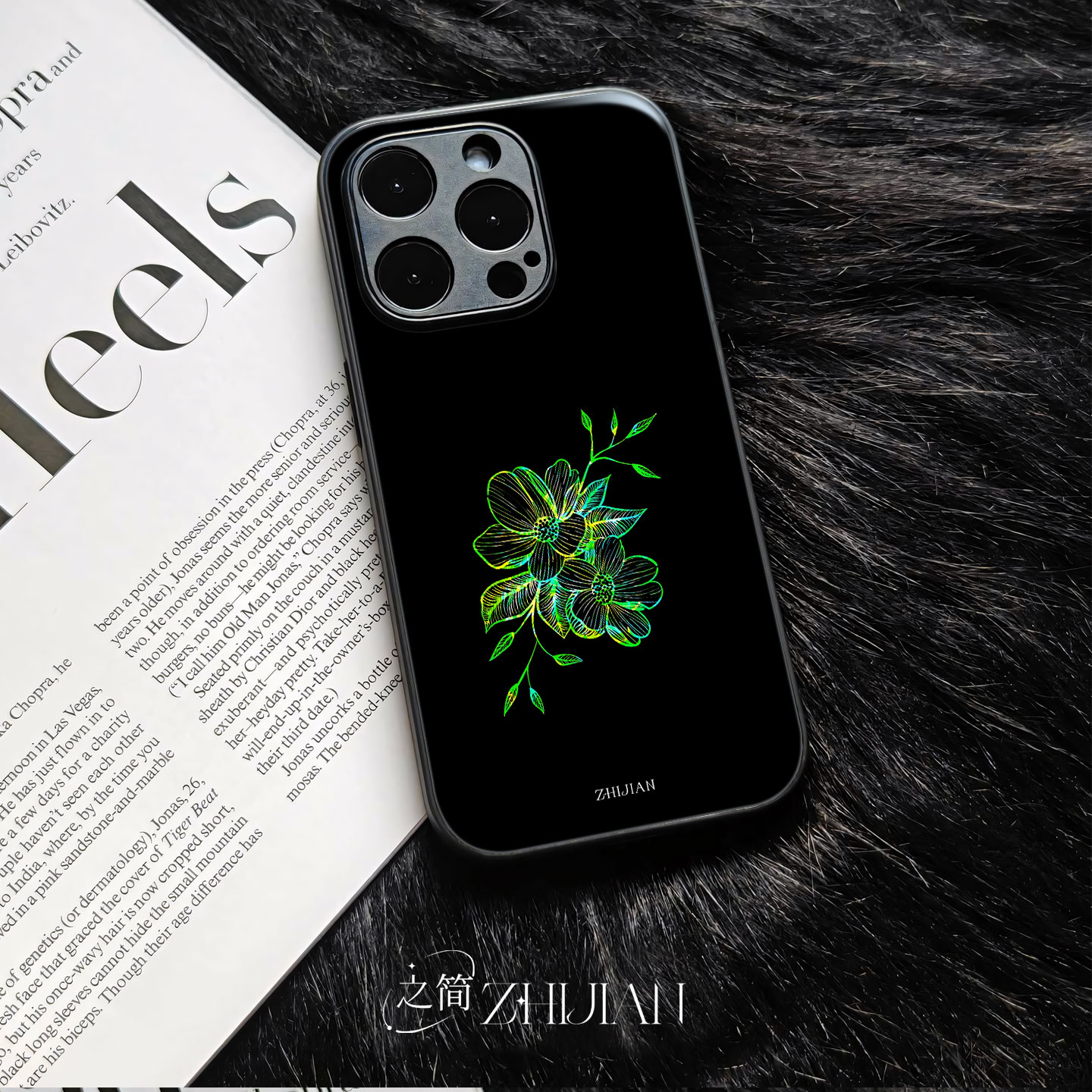 之简ZHIJIAN《荧光花簇》玻璃亮面磨砂手机壳新款小众不撞壳适用苹果17promaxVIVOX100S小米15PRONOVA12PRO小