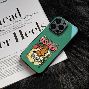 大阪虎骷髅磁吸磨砂黑框玻璃手机壳适用苹果iphone17promax华为VIVOS50PROMINI三星S25ULTRAOPPORENO14PRO小
