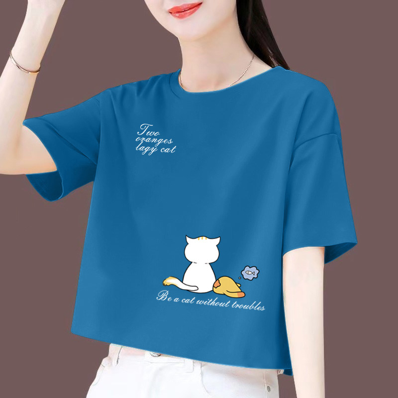 纯棉圆领短袖t恤女2025新款夏季宽松显瘦印花t恤短款上衣女体恤衫