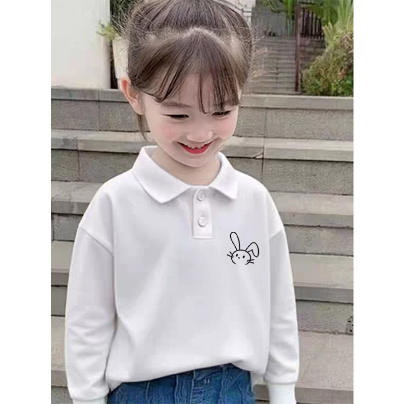 100%纯棉女童翻领长袖POLO衫春秋新款中大童可爱卡通简约印花上衣