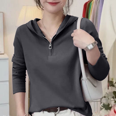 100%纯棉连帽拉链长袖T恤卫衣女春秋季新款洋气时尚休闲百搭上衣