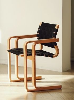 STUDIO SPACE中古实木餐椅个性设计师家用扶手编织靠背户外门店椅