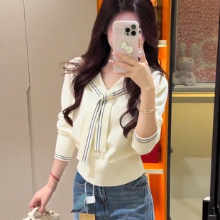 韩系高级感学院风海军领飘带针织衫 上衣 女秋冬2025新款 内搭打底衫