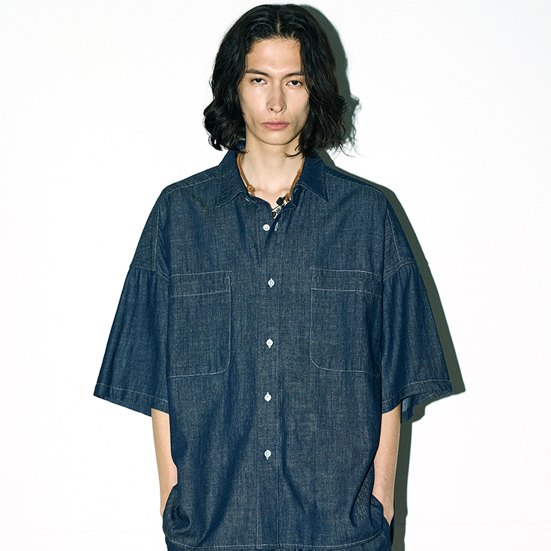 尖领短袖复古宽松水洗牛仔