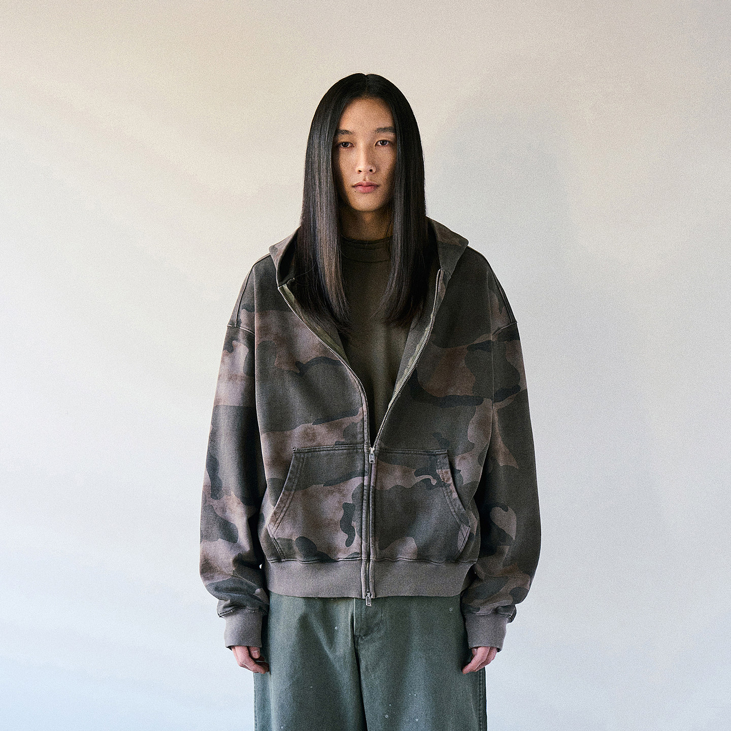 复古做旧水洗迷彩卫衣 韩国正品 PARTIMENTO 短款双拉链连帽外套