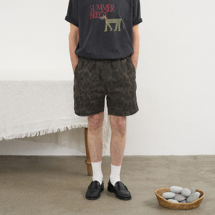 水洗复古迷彩豹纹短裤 韩国正品 PARTIMENTO 美式棉质户外休闲裤