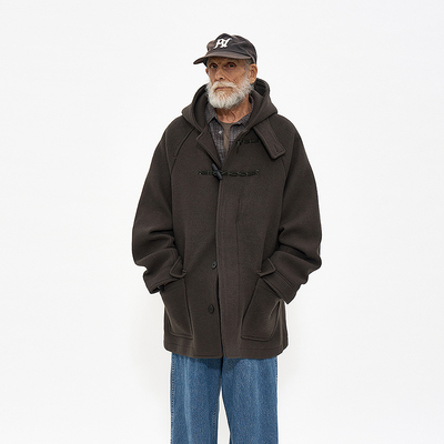 羊毛混纺双排扣保暖连帽短版大衣