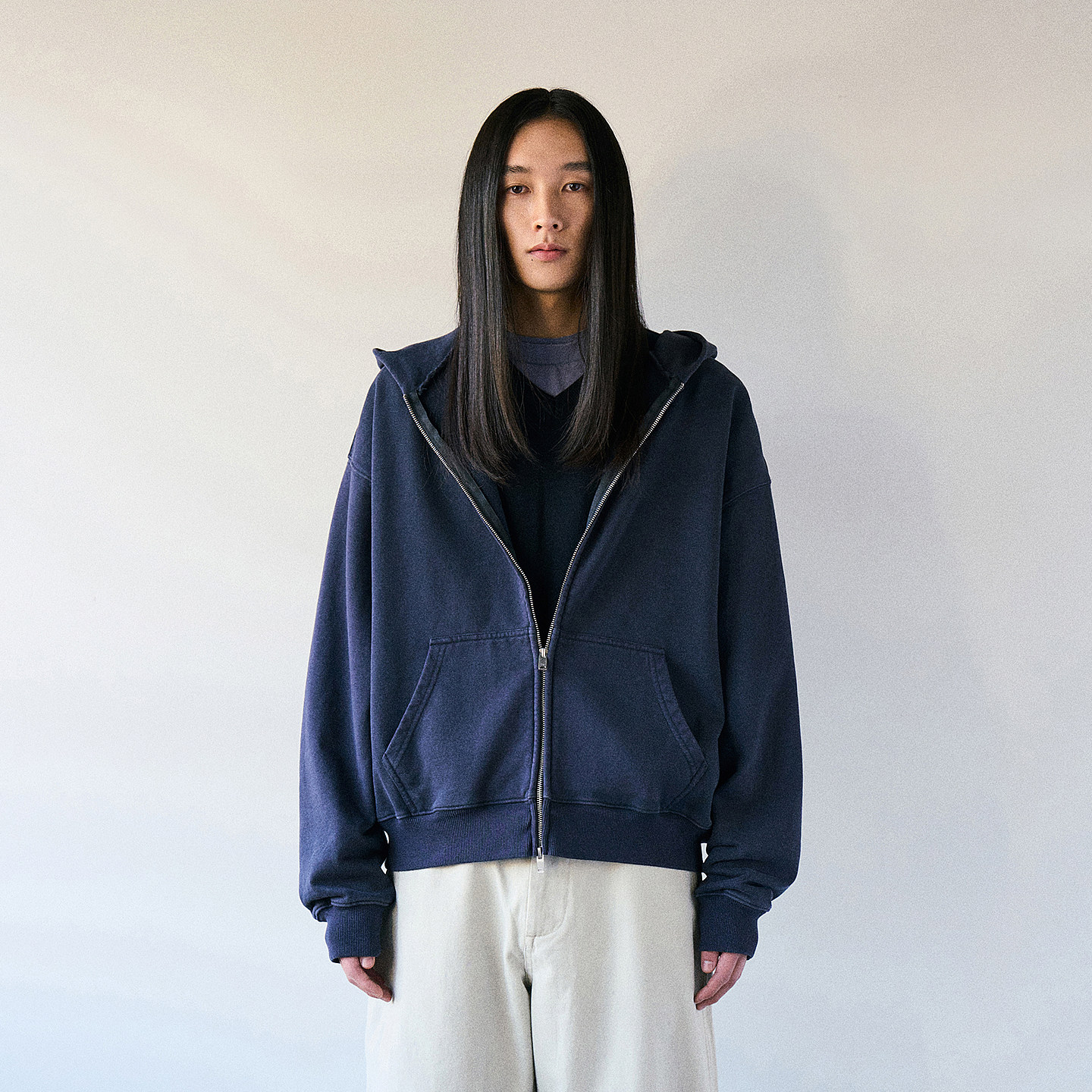 复古水洗做旧连帽卫衣 韩国正品 PARTIMENTO 落肩宽松双拉链外套