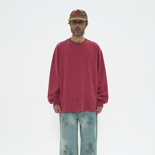 落肩剪裁圆领打底衫 水洗复古纯棉长袖 PARTIMENTO 韩国正品 T恤男