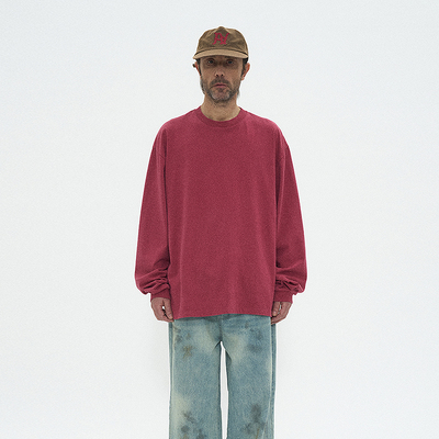 落肩剪裁水洗复古纯棉长袖T恤男