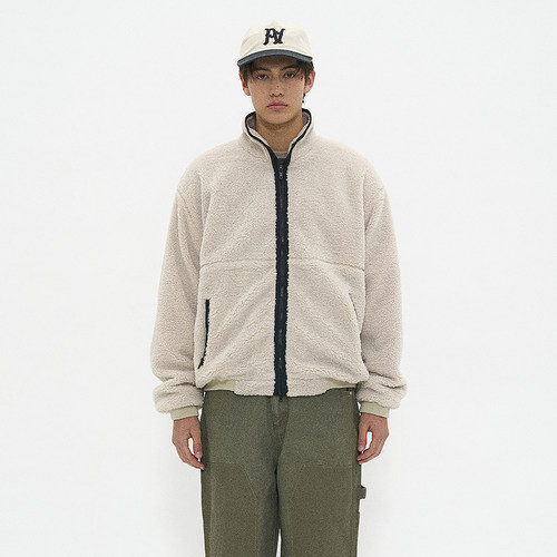 圆领毛绒立领双向拉链宽松外套