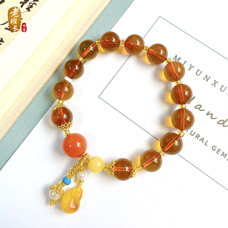 老班长珠宝10mm±天然缅甸琥珀圆珠南红蜜蜡diy单圈手串红金茶珀