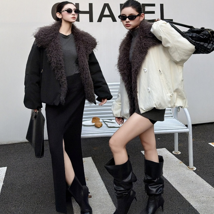 【大潘专享】时尚拼羊卷毛大牌极简保暖抗寒90白鸭绒羽绒服女2517