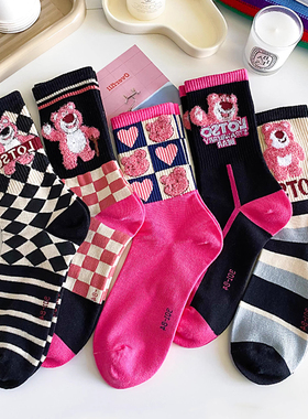 袜子女春秋款可爱卡通草莓熊学生中筒袜甜美日系少女长袜秋冬款