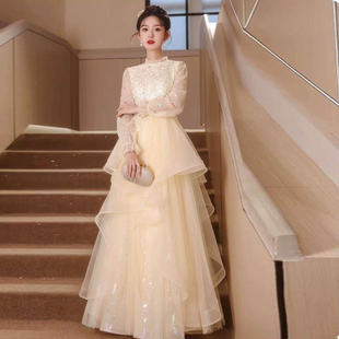 高级感宴会年会主持人18岁成人礼钢琴演奏裙子长袖礼服法式连衣裙