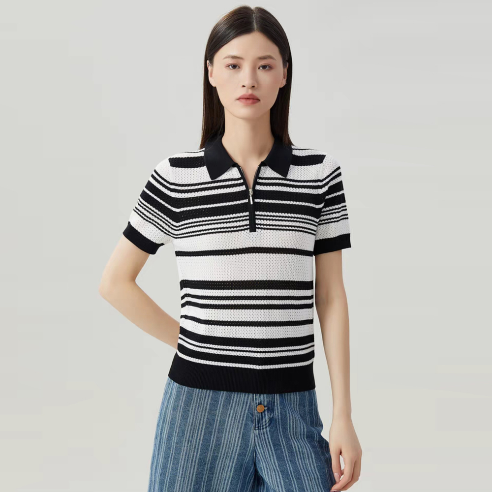 白领哥弟新2024夏季POLO领拼色条纹针织衫短袖t恤上衣女A301201