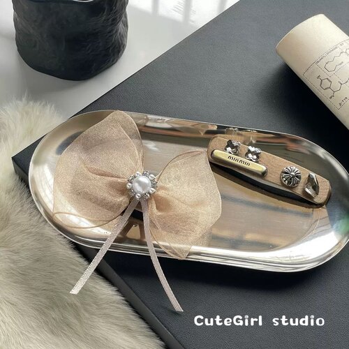 Cutegirl studio2026韩系香槟网纱珍珠蝴蝶结发夹复古水钻侧边夹