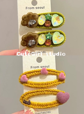 Cutegirl studio韩秋冬绿色植绒爪爪爱心闪钻发夹刘海碎发鸭嘴夹