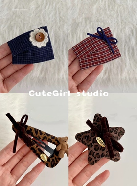 Cutegirl studio森系复古红格纹蝴蝶结手工BB夹田园风刺绣花朵夹