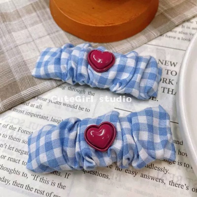 CuteGirl studio韩国新品学院风蓝色格子发夹掰掰夹爱心褶皱BB夹