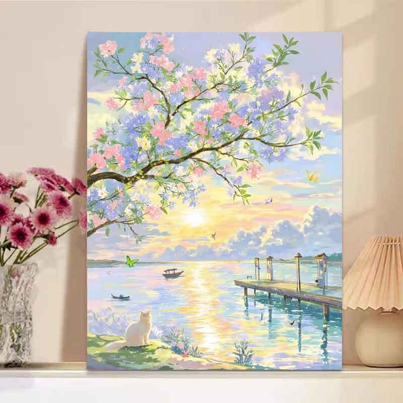 国风猫咪风景治愈山水装饰画小清新唯美卧室床头客厅沙发摆画挂画