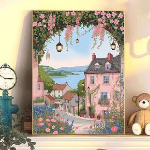 粉色城市海边宫崎骏风格客厅装饰画治愈系风景餐厅咖啡厅氛围挂画