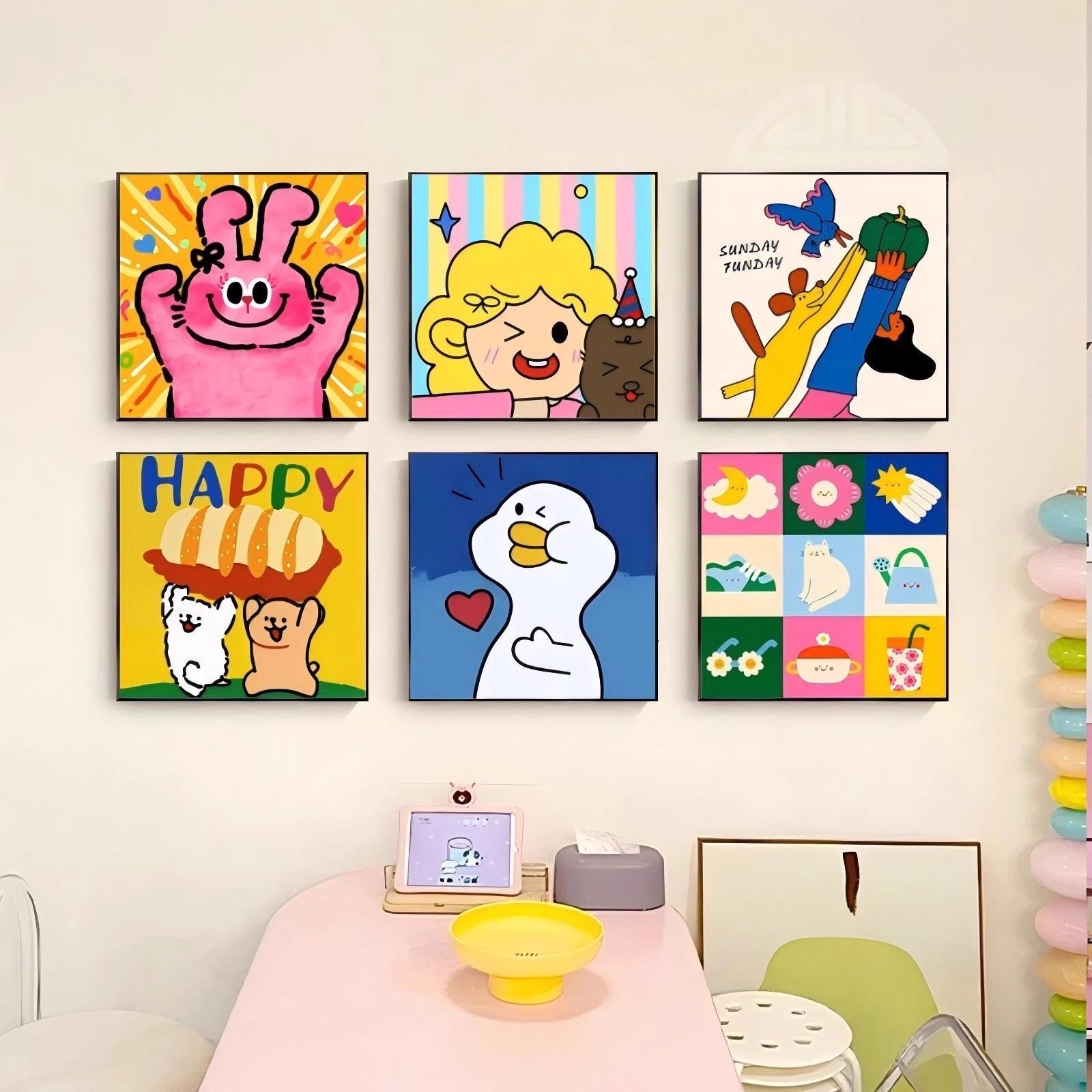 卡通多巴胺趣味装饰画儿童房背景墙壁可爱挂画客厅玄关小众组合画