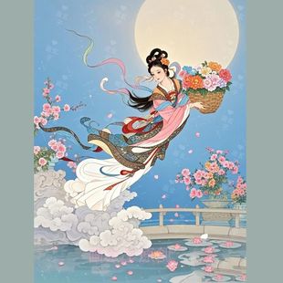 新中式仙女画像仙女下凡画像贴纸招财纳福年画客厅贴画不干胶贴纸