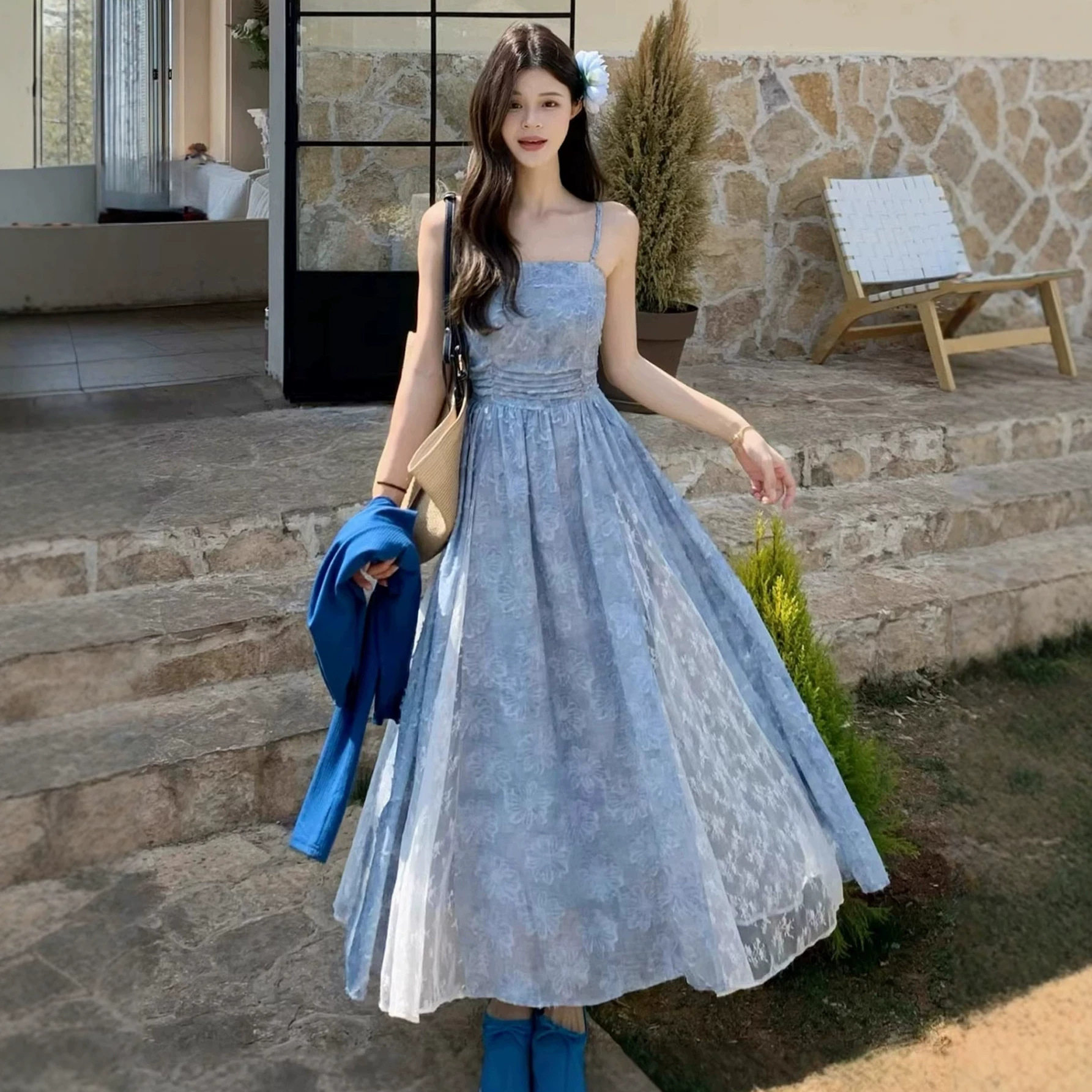 度假风法式复古提花抹胸吊带连衣裙女夏装绝美拼接小个长裙两件套