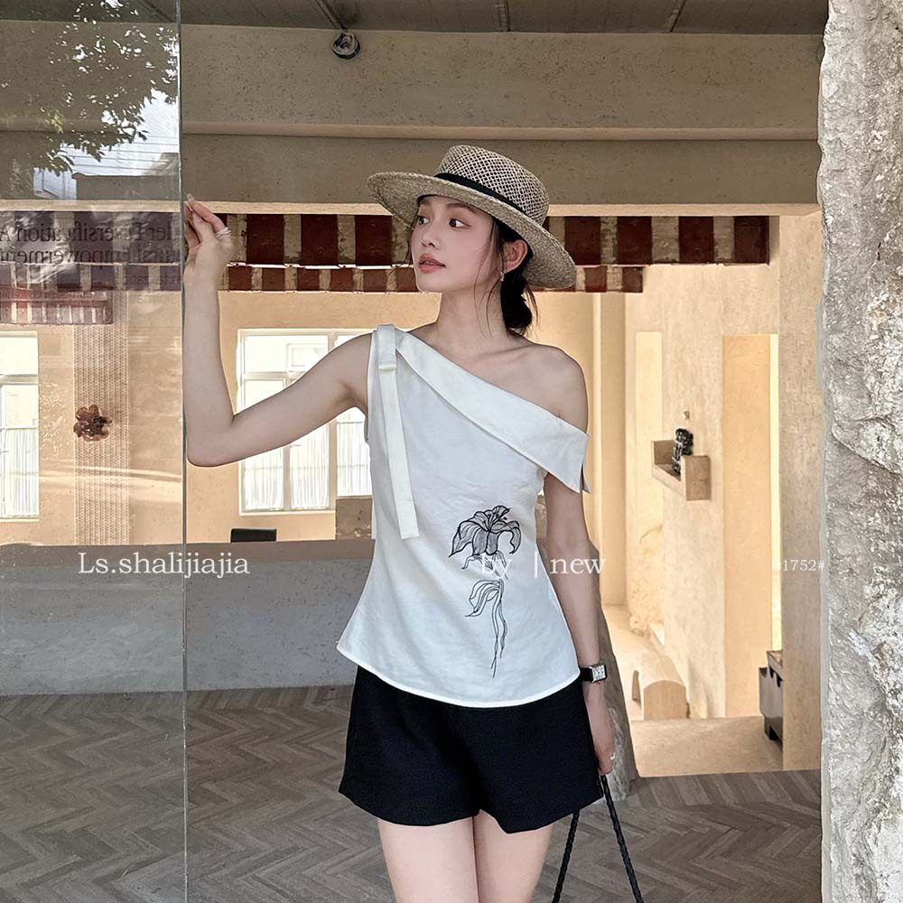 LS 纯欲辣妹印花斜肩修身小衫广州十三行2026夏季新款上衣女61752