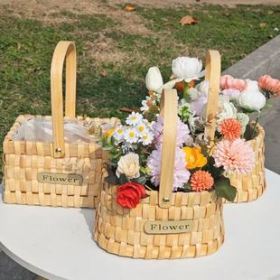 木质手提花篮家居装饰摆件收纳篮鲜花插花创意多肉花盆拍照小花篮