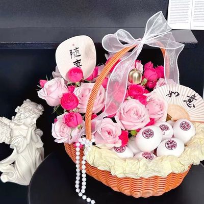 仿藤月子花篮节日插花手提蓝