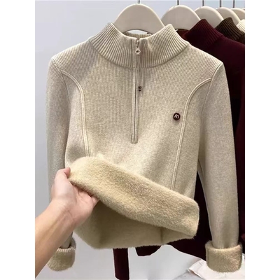 声雨竹秋冬一体绒加厚保暖毛衣女新款半开领拉链针织打底衫修身内