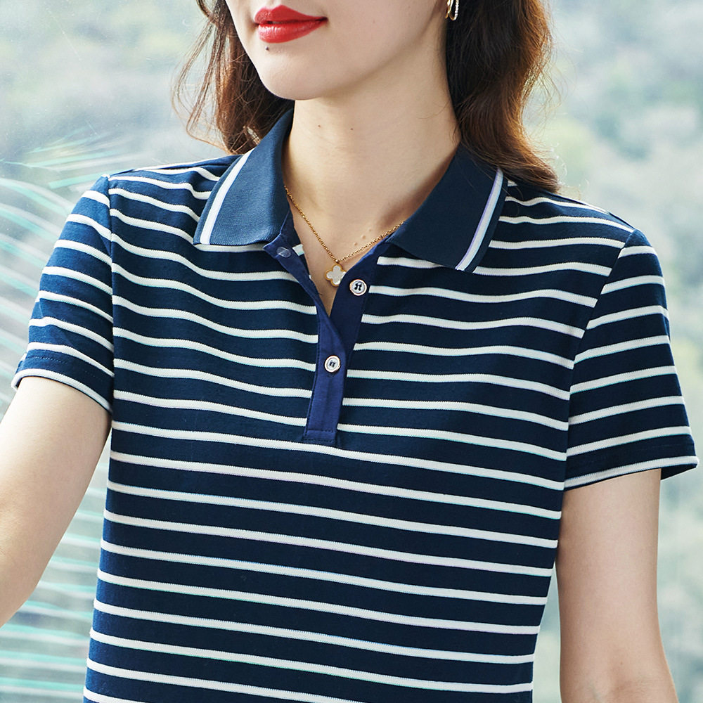 声雨竹条纹短袖t恤女夏季2026新款宽松纯棉翻领体恤运动休闲女士p