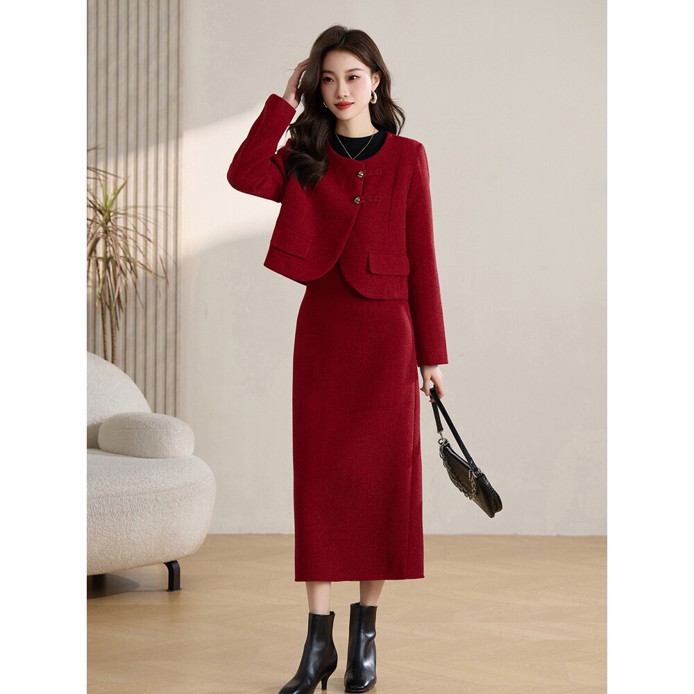 声雨竹时尚套装2026冬新款女装气质小香风夹棉毛呢外套半裙两件套