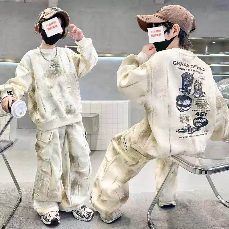 儿童春秋套装2026新款痞帅炸街工装中大童衣服男童时尚卫衣运动服