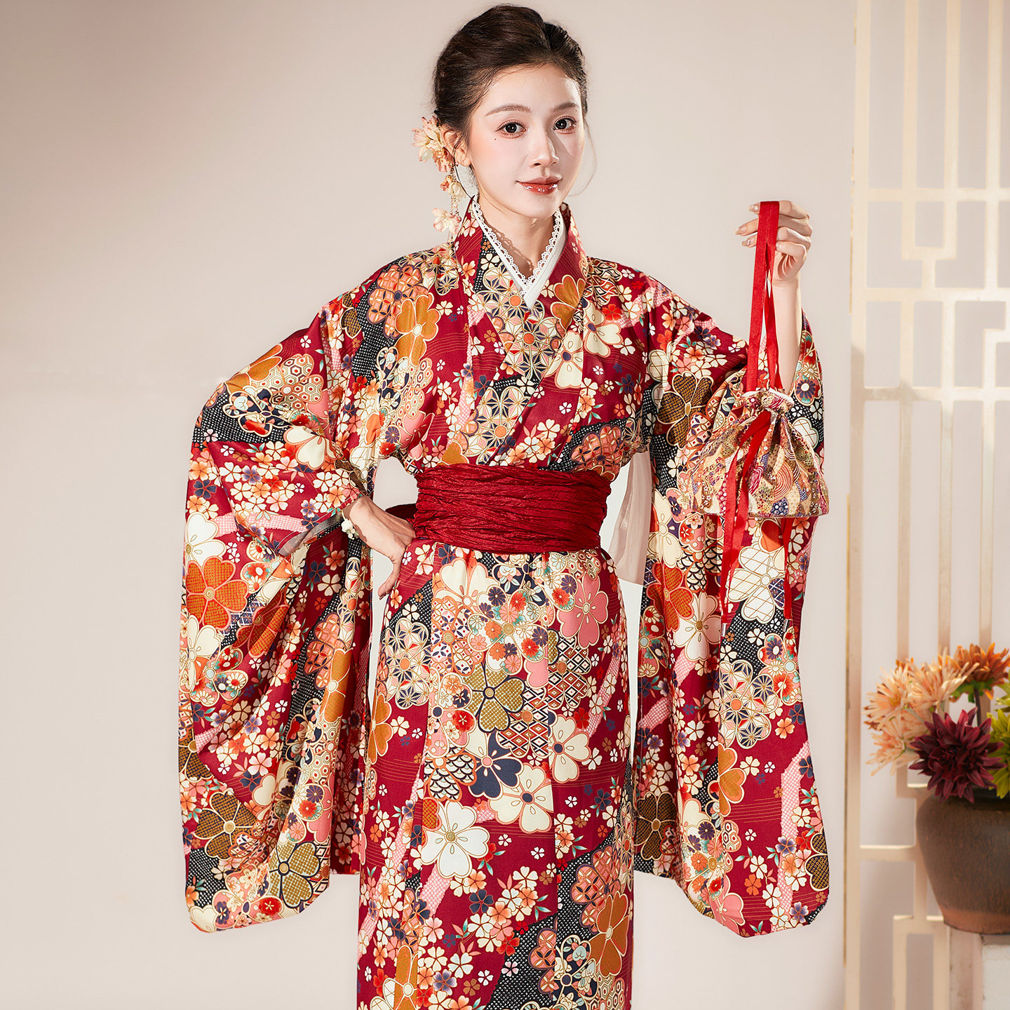 繁花绯红日本和服振袖女款摄影