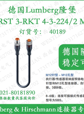 德国隆堡lumberg双端预铸M12黑色PUR连接线RST 3-RKT 4-3-224/2 M