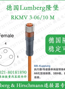 lumberg德国隆堡3芯孔型M8单直母头10米传感器线缆RKMV 3-06/10M