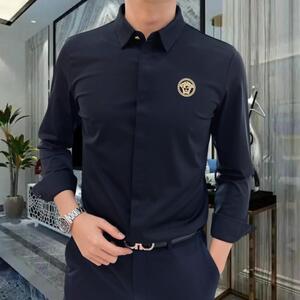 高端男士秋季无痕丝滑长袖衬衫青年修身潮牌美人头免烫衬衣丝光男