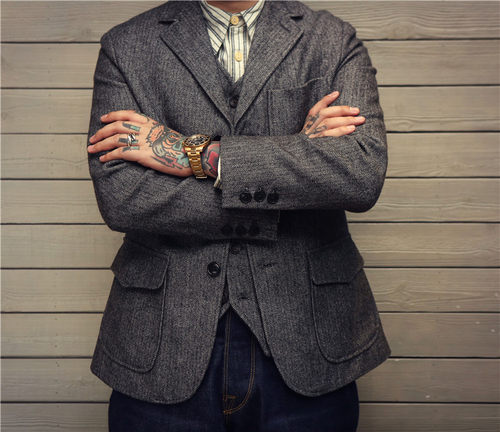 毛料美式复古褂子人字纹西装外套