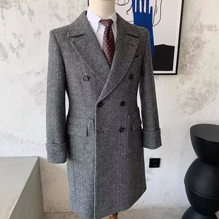 高端羊毛浴血黑帮复古英伦人字纹厚款毛呢外套中长款宽松马球大衣