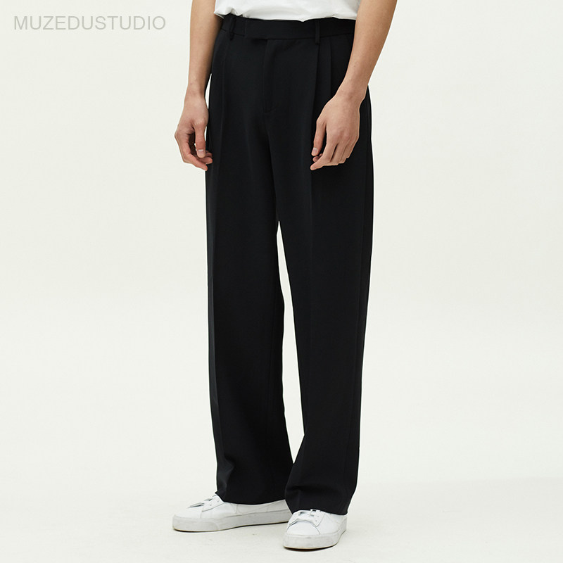 eugene tong打褶宽松粗腿长裤阔腿裤 中缝中线纯色西装裤男士西裤