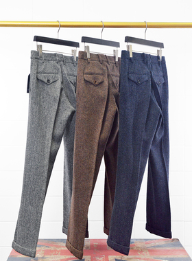 Nick wooster秋冬粗花毛呢欧美复古休闲大码微宽松男式人字纹西裤